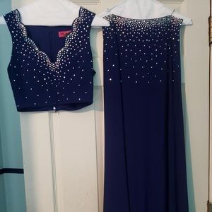 Full length two piece blue prom dress